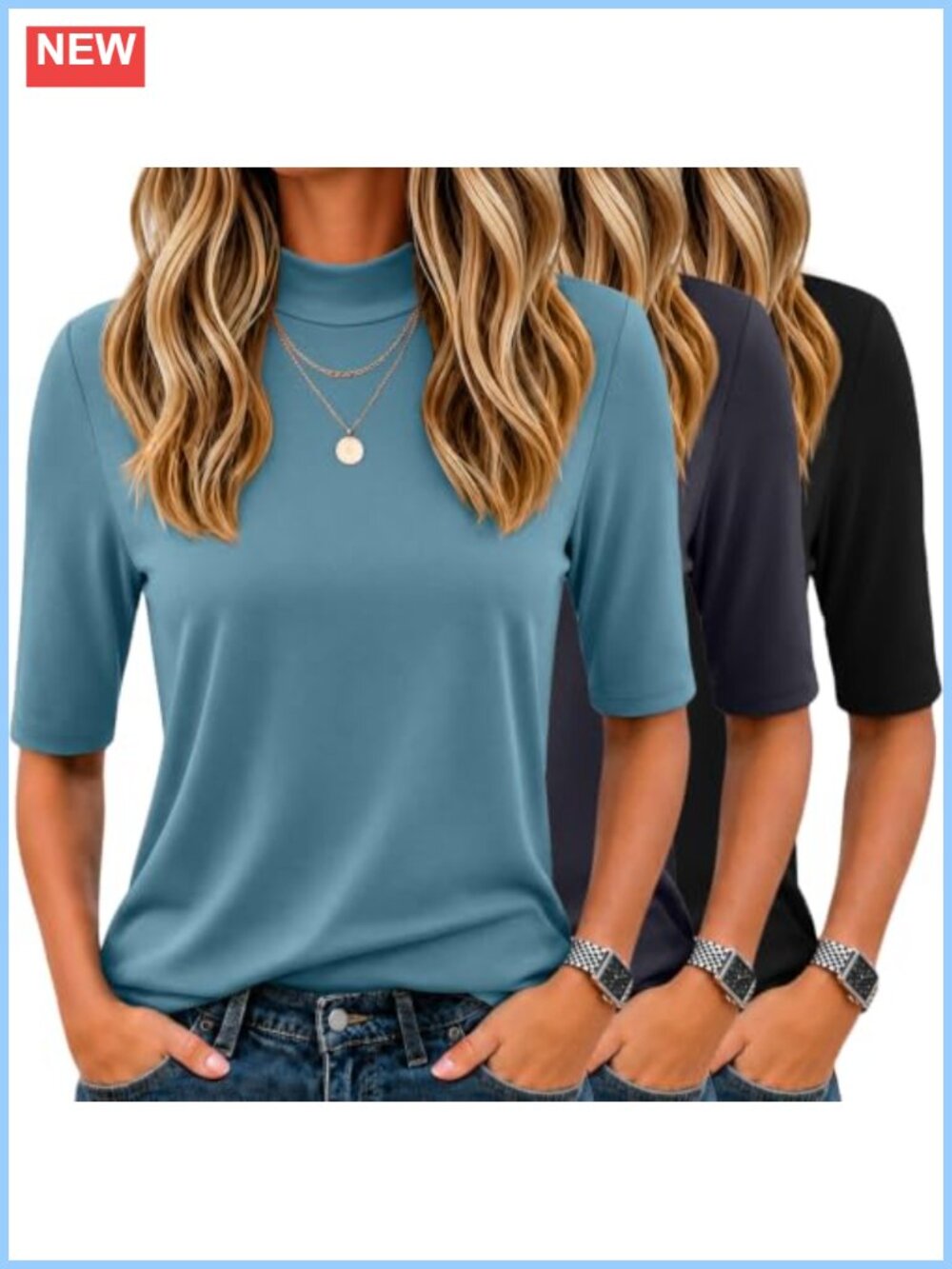 Mock Neck Half Sleeve Tops Slim Fit Business Casual 3 Pack